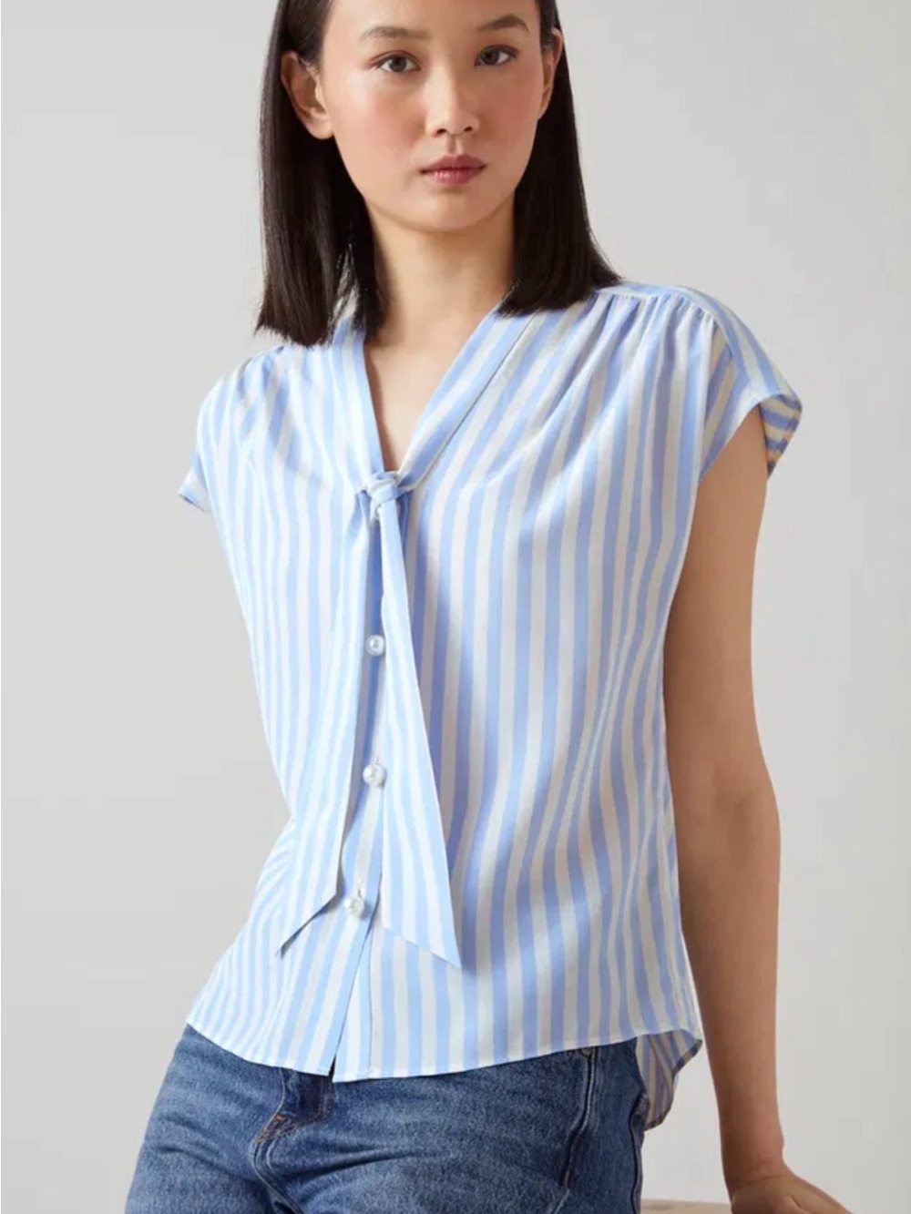 L.K. BENNETT Marcel Silk Tie Neck Top | Blue and White | Size US 4
